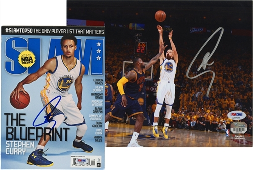 Stephen Curry Signed Lot of (2) - 8x10 Photograph and "Slam" Magazine Cover (PSA/DNA)